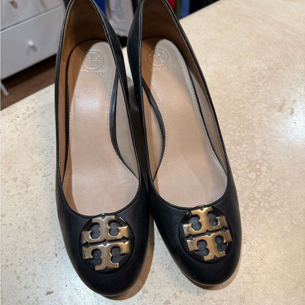 Tory Burch Black Heels with Gold Emblem